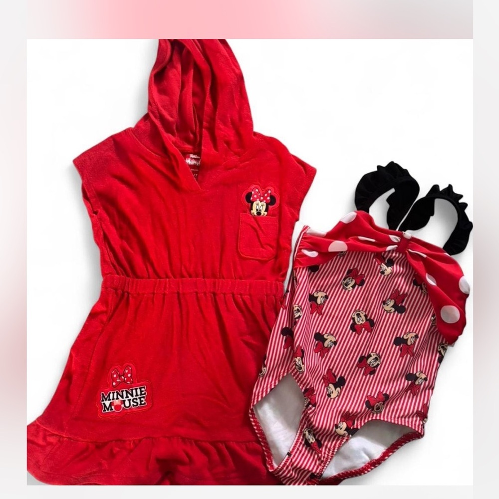 Red Minnie Mouse Hooded coverup and Swimsuit Set size 6/7